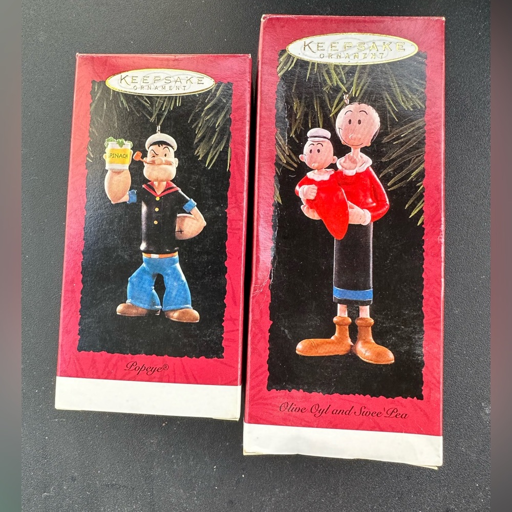 Hallmark keepsake ornaments:  Popeye, Olive Oil, and Sweet Pea